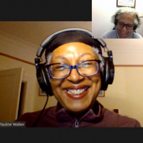 A composite image of the presenters of The Amplify Project. Black, female artists both wearing headphones and grinning at each other on a Zoom call.